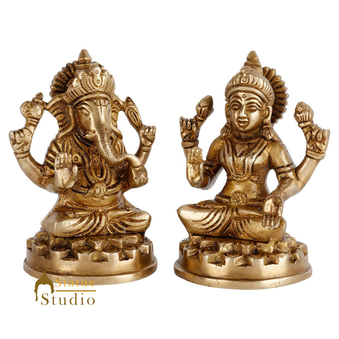 Indian Brass Hindu Lakshmi Ganesha Diwali Corporate Gift Idol Décor Statue 4" - Image 3