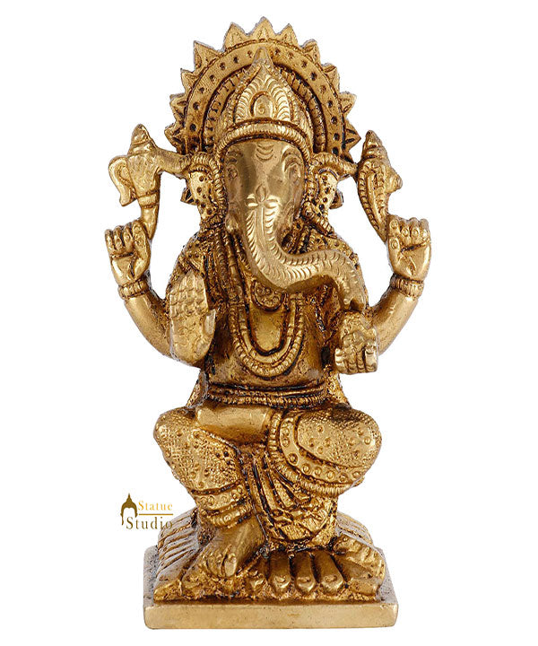 Brass Hindu God Ganpati Diwali Corporate Gift Idol Mini Ganesha Décor Statue 4" - Image 2