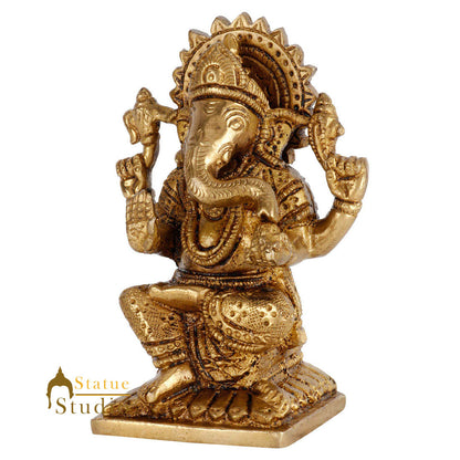 Brass Hindu God Ganpati Diwali Corporate Gift Idol Mini Ganesha Décor Statue 4" by vendor-unknown - Hindu Gods (View 3)