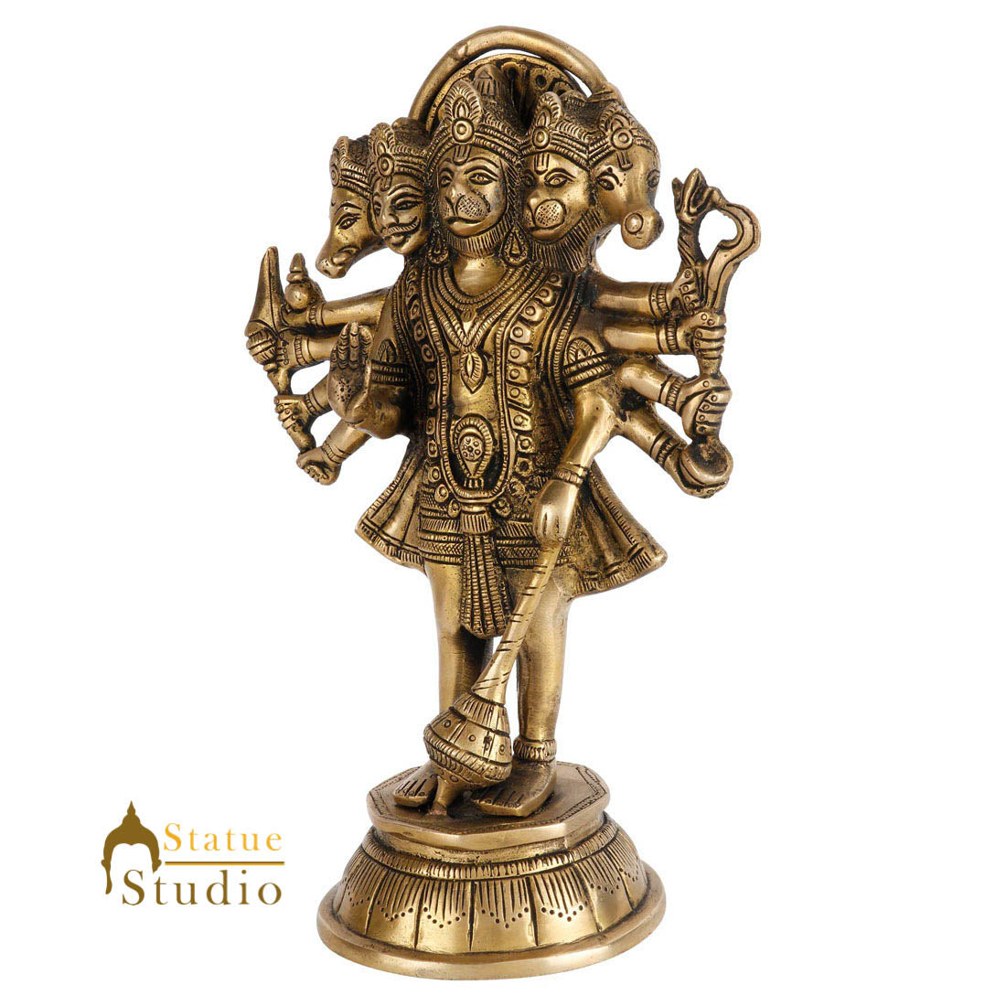 Brass Standing Panchmukhi Hanuman Idol For Home Temple Decor 10"