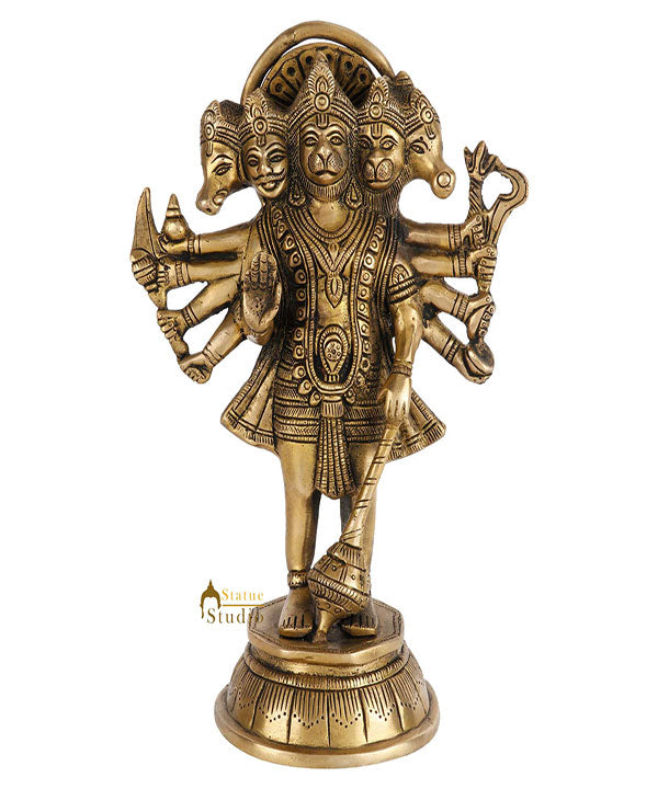 Brass Standing Panchmukhi Hanuman Idol For Home Temple Decor 10"