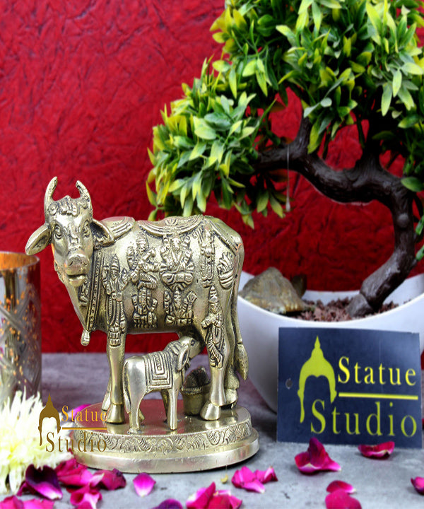 South Indian Antique Brass Fine Lucky God Figurines Cow Statue Décor Gift Idol - Image 2
