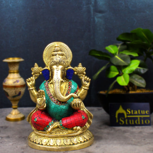 Brass Ganesha Statue Ganpati Idol Hindu Religious Décor Gift Inlay Work Item 8"