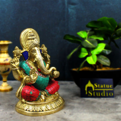 Brass Ganesha Statue Ganpati Idol Hindu Religious Décor Gift Inlay Work Item 8" by vendor-unknown - Hindu Gods (View 2)
