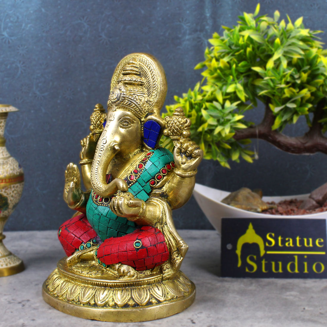 Brass Ganesha Statue Ganpati Idol Hindu Religious Décor Gift Inlay Work Item 8" - Image 3