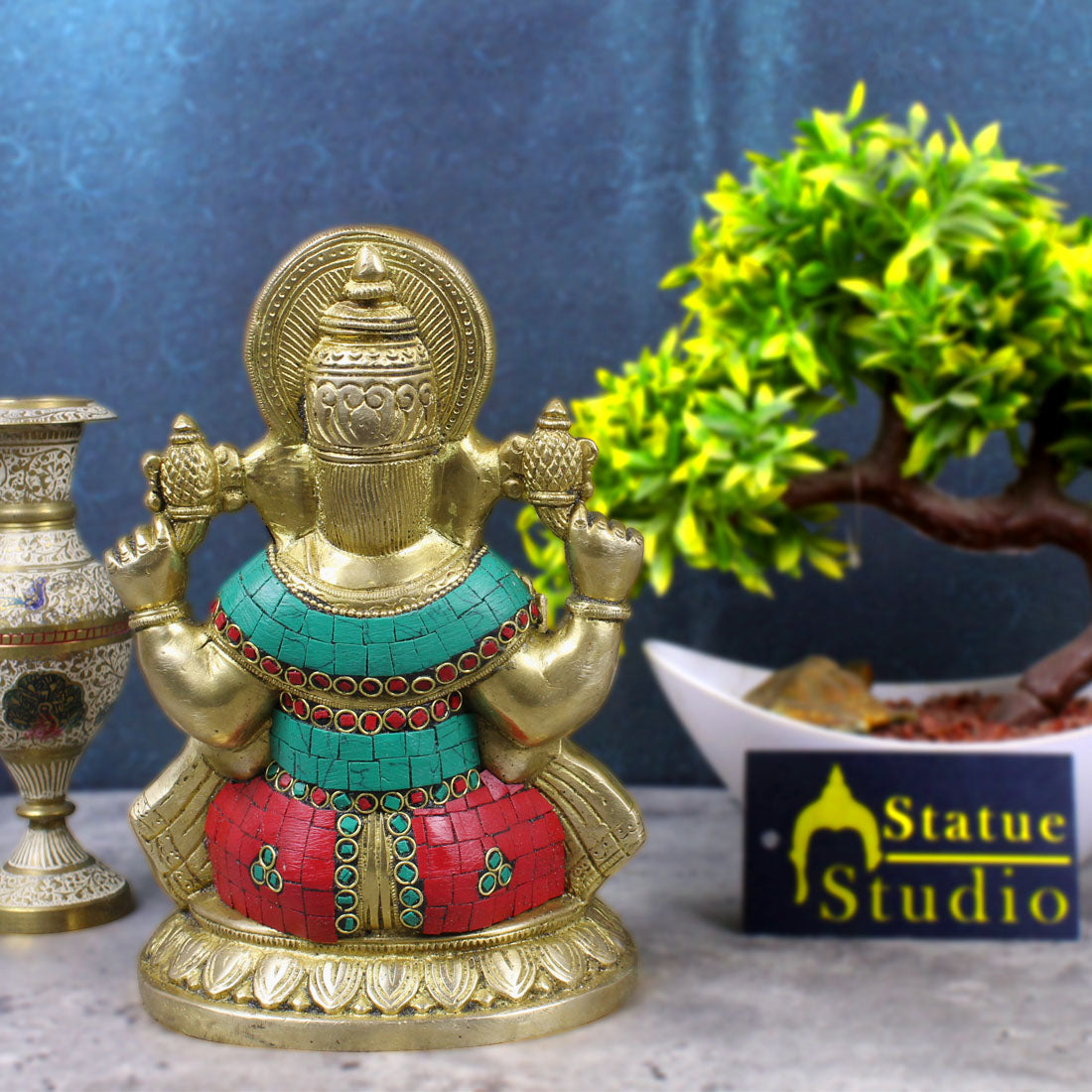 Brass Ganesha Statue Ganpati Idol Hindu Religious Décor Gift Inlay Work Item 8"