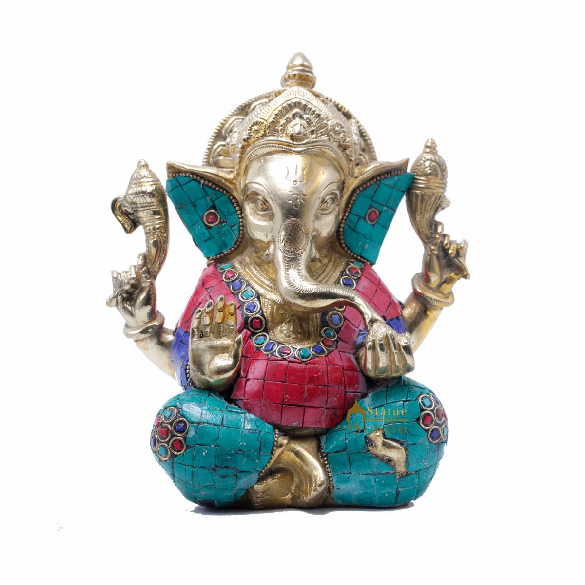 Brass Ganesha Statue Ganpati Idol Hindu Religious Décor Gift Inlay Work 8"