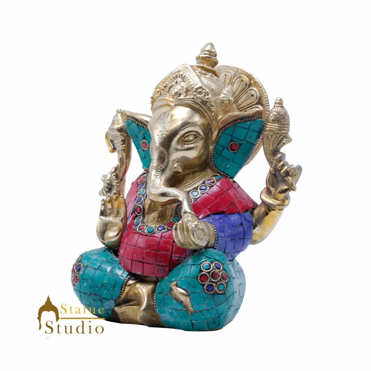 Brass Ganesha Statue Ganpati Idol Hindu Religious Décor Gift Inlay Work 8" - Image 4