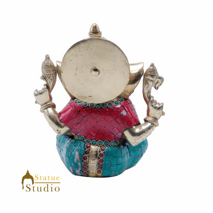 Brass Ganesha Statue Ganpati Idol Hindu Religious Décor Gift Inlay Work 8" by vendor-unknown - Hindu Gods (View 5)