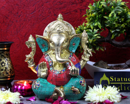 Brass Ganesha Statue Ganpati Idol Hindu Religious Décor Gift Inlay Work 8" by vendor-unknown - Hindu Gods