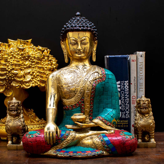 Brass Exclusive Buddha Statue Stone Work For Home Décor Showpiece 1 Feet