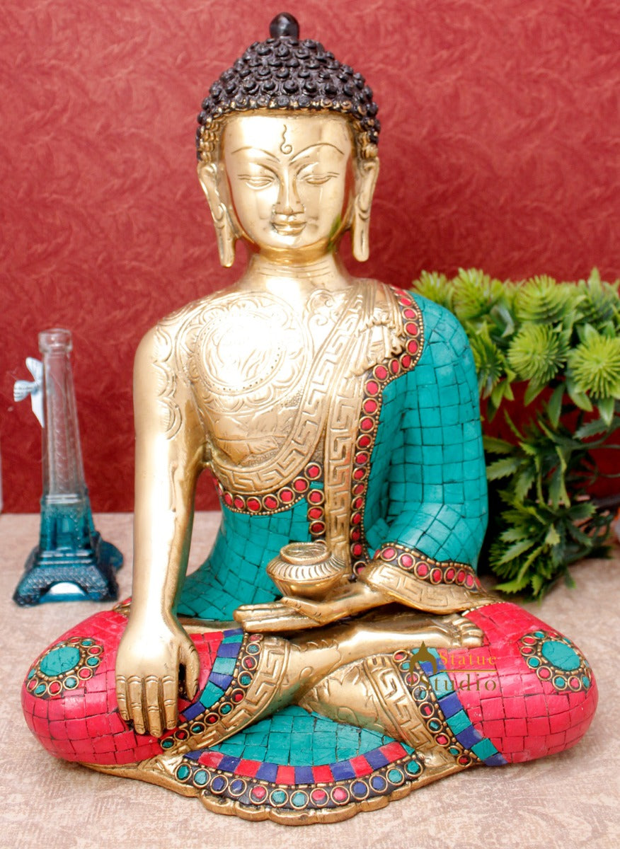 Brass Exclusive Buddha Statue Stone Work For Home Décor Showpiece 1 Feet - Image 2