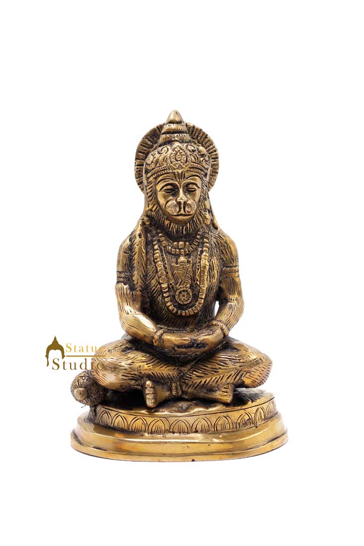 Brass Sitting Hanuma Idol Antique Finish For Home Decor Showpiece 6" - Image 2