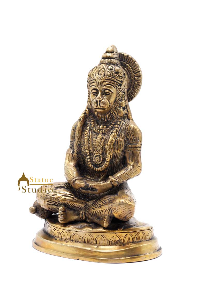 Brass Sitting Hanuma Idol Antique Finish For Home Decor Showpiece 6"