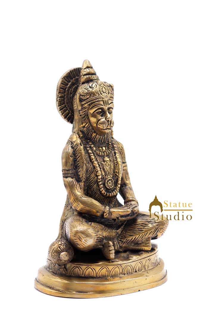 Brass Sitting Hanuma Idol Antique Finish For Home Decor Showpiece 6"