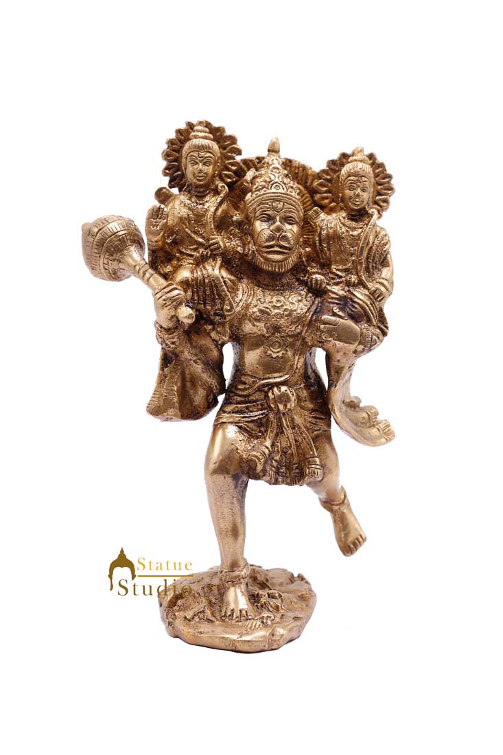 Brass Hanuman Idol Carrying Rama Laxman Rare Religious for Home Décor 7"