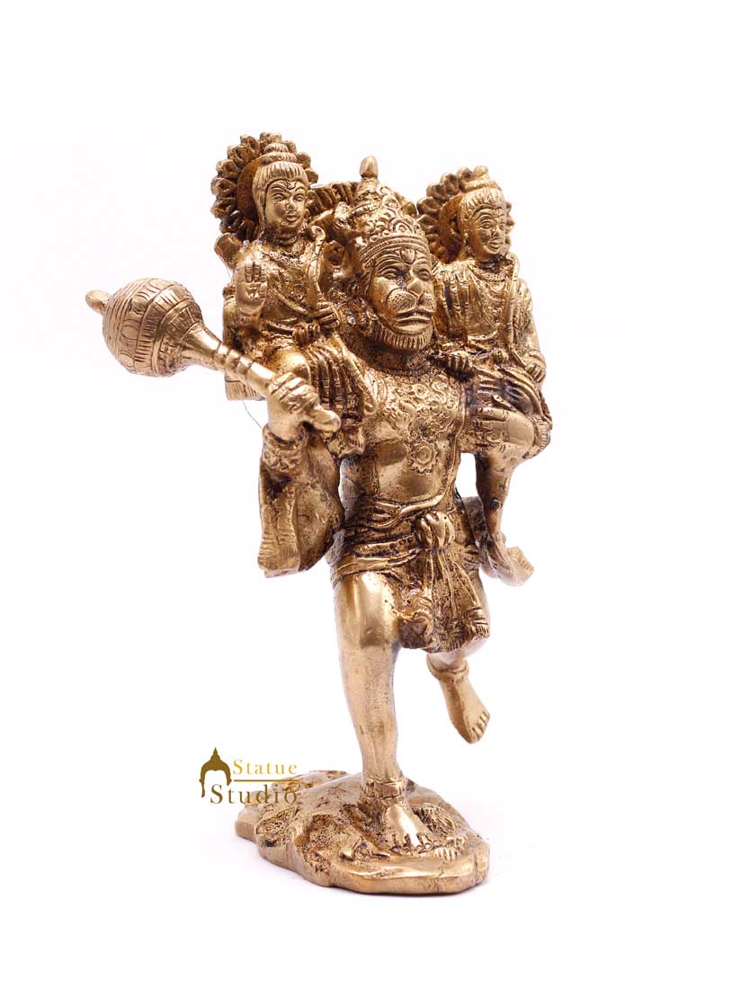 Brass Hanuman Idol Carrying Rama Laxman Rare Religious for Home Décor 7" - Image 5