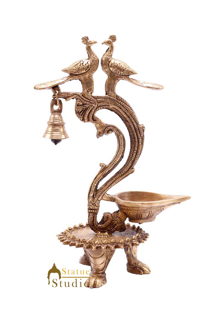 Brass South Indian Style Parrot Bird Diya Diwali Religious Décor Showpiece 11"