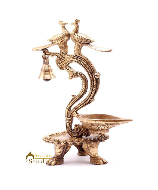 Brass South Indian Style Parrot Bird Diya Diwali Religious Décor Showpiece 11"