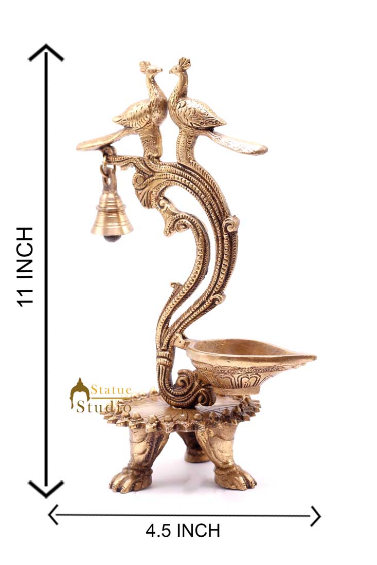 Brass South Indian Style Parrot Bird Diya Diwali Religious Décor Showpiece 11"