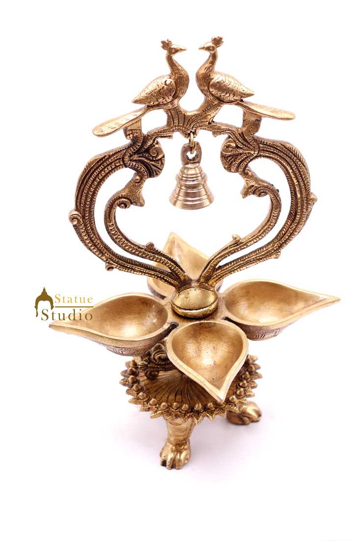 Brass South Indian Style Parrot Bird Diya Diwali Religious Décor Showpiece 11"