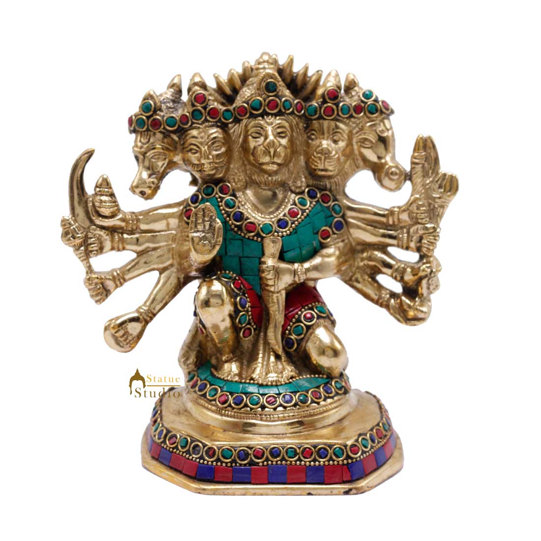 Brass Pawanputra Five Headed Panchmukhi Hanuman Inlay Décor Gift Statue Idol 7" - Image 3
