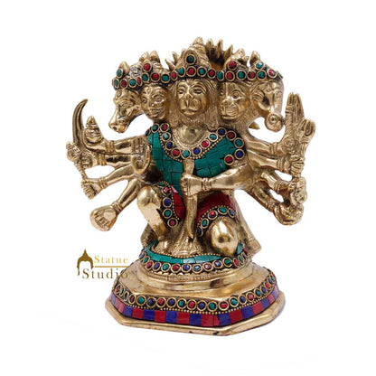 Brass Pawanputra Five Headed Panchmukhi Hanuman Inlay Décor Gift Statue Idol 7" by vendor-unknown - Hindu Gods (View 4)