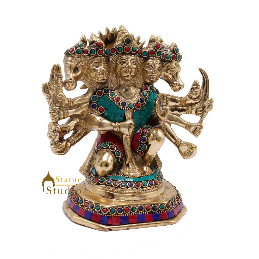 Brass Pawanputra Five Headed Panchmukhi Hanuman Inlay Décor Gift Statue Idol 7" - Image 5