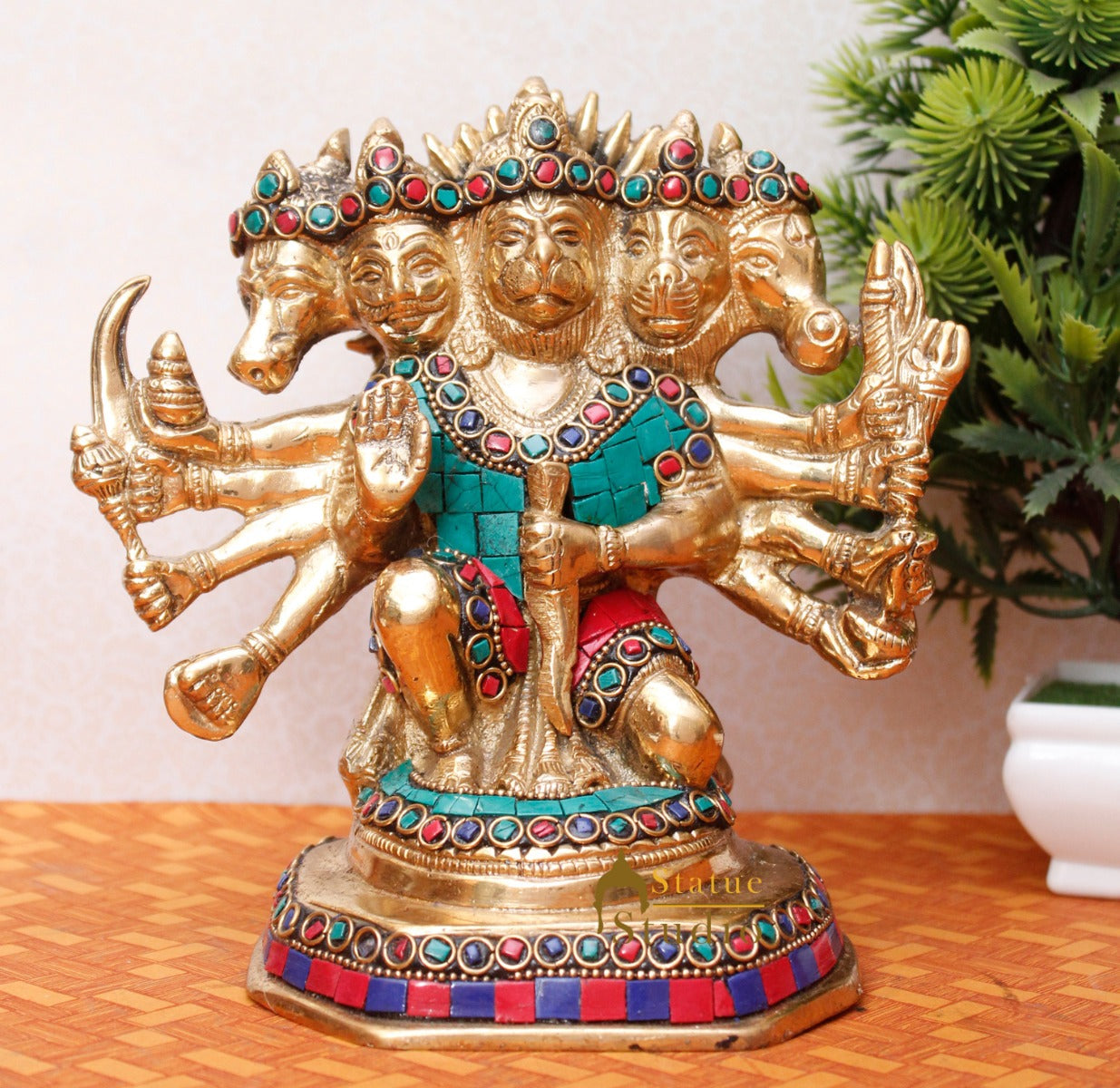 Brass Pawanputra Five Headed Panchmukhi Hanuman Inlay Décor Gift Statue Idol 7" - Eco-friendly - Sama Homes