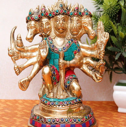 Brass Pawanputra Five Headed Panchmukhi Hanuman Inlay Décor Gift Statue Idol 7" by vendor-unknown - Hindu Gods (View 2)