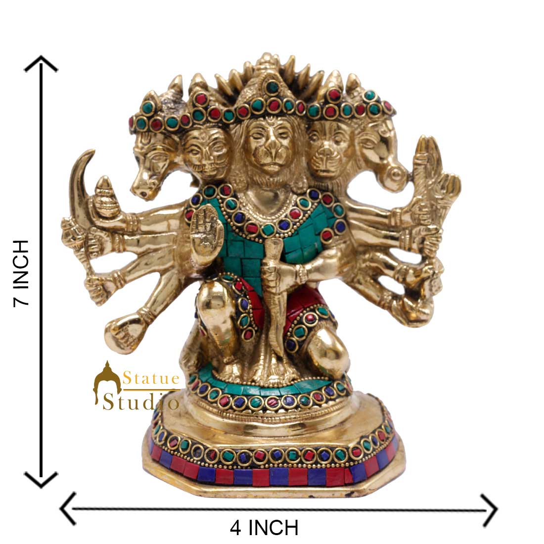 Brass Pawanputra Five Headed Panchmukhi Hanuman Inlay Décor Gift Statue Idol 7" - Image 7