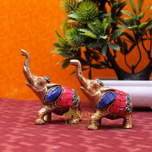 Indian Brass Elephant Pair Lucky Feng Shui Vastu Home Decorative Showpiece 3"
