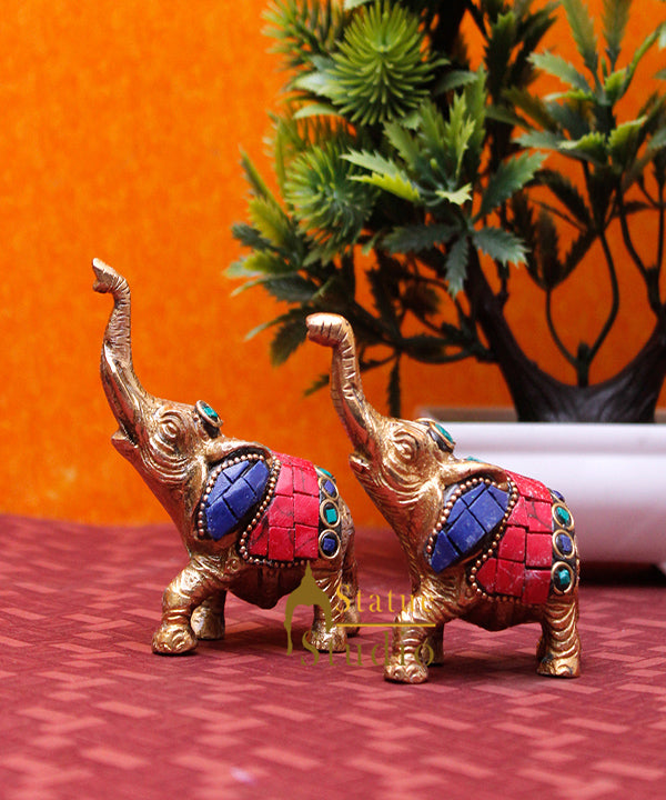 Indian Brass Elephant Pair Lucky Feng Shui Vastu Home Decorative Showpiece 3"