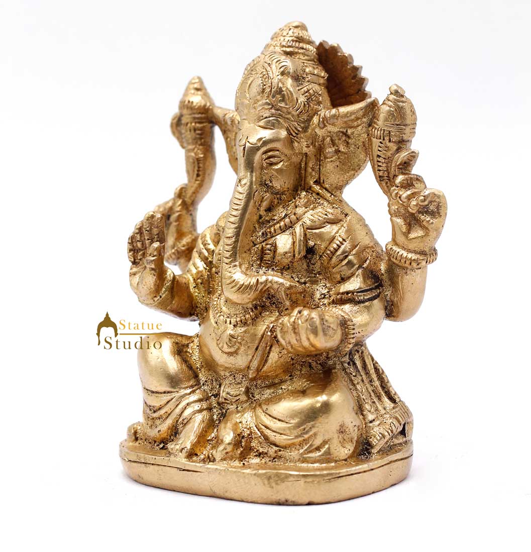 Brass Small Ganesha Idol For Lucky Diwali Coporate Gift Solid Ganesha Statue 4"
