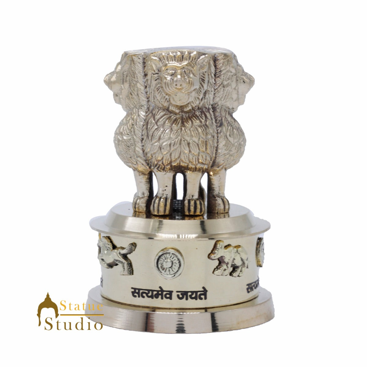 StatueStudio Brass Decorative Ashoka Stambh Emblem India Ashok Chakra Pillar Memento Sculpture Home Office Desk Artwork Showpiece 4" - Image 3