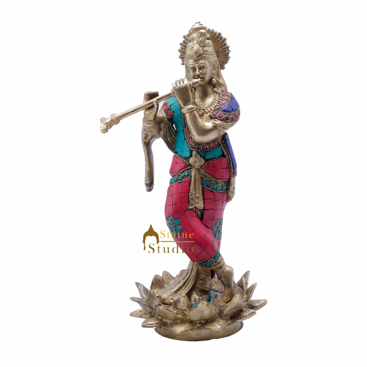 StatueStudio Brass Krishna Idols Large For Home Decor Temple Pooja Office Desk Living Room Table Decorative Statue Showpiece 11"