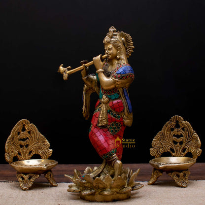 StatueStudio Brass Krishna Idols Large For Home Decor Temple Pooja Office Desk Living Room Table Decorative Statue Showpiece 11" by vendor-unknown - Hindu Gods (View 3)