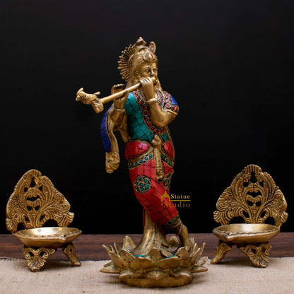 StatueStudio Brass Krishna Idols Large For Home Decor Temple Pooja Office Desk Living Room Table Decorative Statue Showpiece 11" by vendor-unknown - Hindu Gods (View 4)