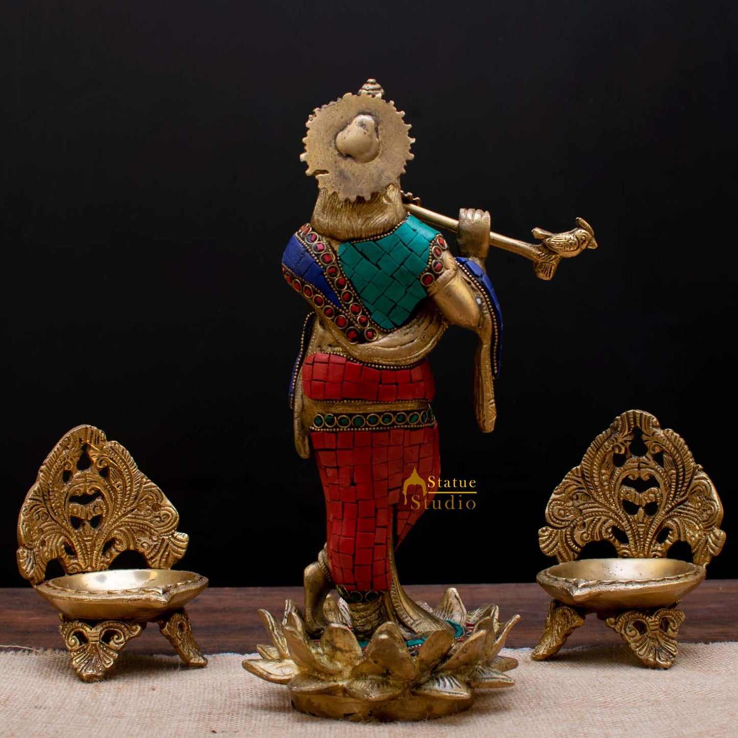 StatueStudio Brass Krishna Idols Large For Home Decor Temple Pooja Office Desk Living Room Table Decorative Statue Showpiece 11"