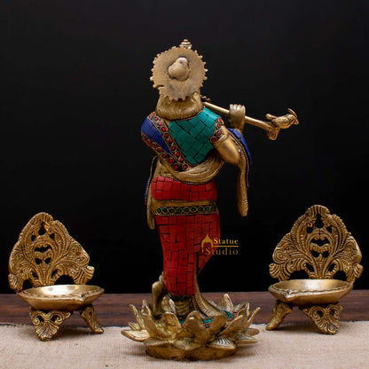 StatueStudio Brass Krishna Idols Large For Home Decor Temple Pooja Office Desk Living Room Table Decorative Statue Showpiece 11" by vendor-unknown - Hindu Gods (View 5)