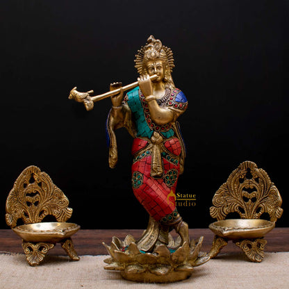 StatueStudio Brass Krishna Idols Large For Home Decor Temple Pooja Office Desk Living Room Table Decorative Statue Showpiece 11" by vendor-unknown - Hindu Gods
