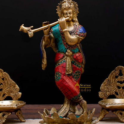 StatueStudio Brass Krishna Idols Large For Home Decor Temple Pooja Office Desk Living Room Table Decorative Statue Showpiece 11" by vendor-unknown - Hindu Gods (View 2)