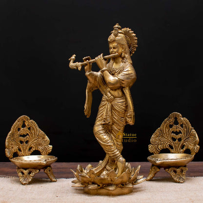 StatueStudio Brass Krishna Idols Large For Home Decor Temple Pooja Office Desk Living Room Table Decorative Statue Showpiece 11" by vendor-unknown - Hindu Gods (View 3)