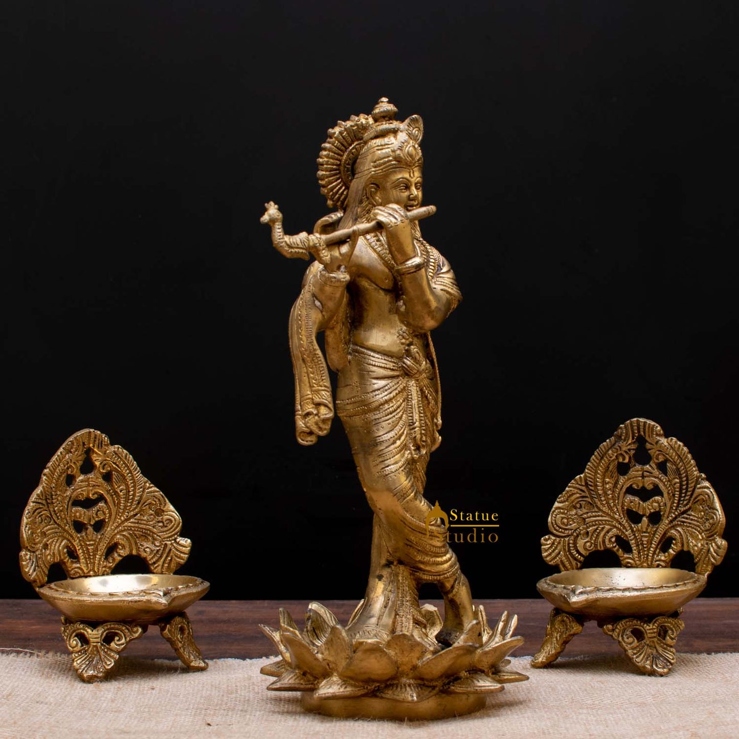 StatueStudio Brass Krishna Idols Large For Home Decor Temple Pooja Office Desk Living Room Table Decorative Statue Showpiece 11"