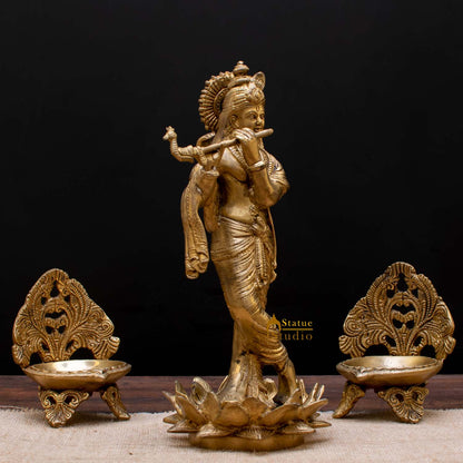 StatueStudio Brass Krishna Idols Large For Home Decor Temple Pooja Office Desk Living Room Table Decorative Statue Showpiece 11" by vendor-unknown - Hindu Gods (View 4)