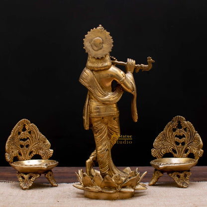 StatueStudio Brass Krishna Idols Large For Home Decor Temple Pooja Office Desk Living Room Table Decorative Statue Showpiece 11" by vendor-unknown - Hindu Gods (View 5)