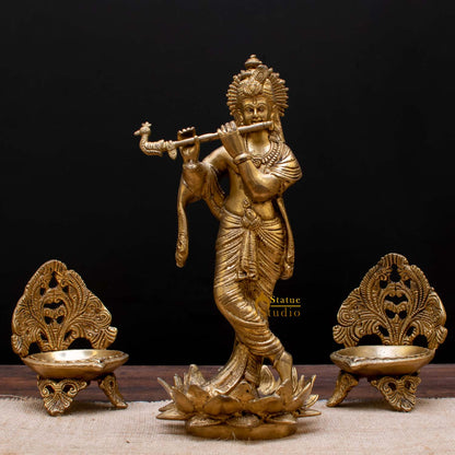 StatueStudio Brass Krishna Idols Large For Home Decor Temple Pooja Office Desk Living Room Table Decorative Statue Showpiece 11" by vendor-unknown - Hindu Gods