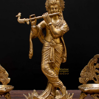 StatueStudio Brass Krishna Idols Large For Home Decor Temple Pooja Office Desk Living Room Table Decorative Statue Showpiece 11" by vendor-unknown - Hindu Gods (View 2)