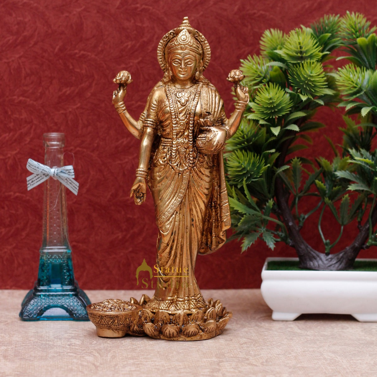 Brass Standing Laxmi Idol 9.5" for Home Decor by StatueStudio - Eco-friendly - Sama Homes