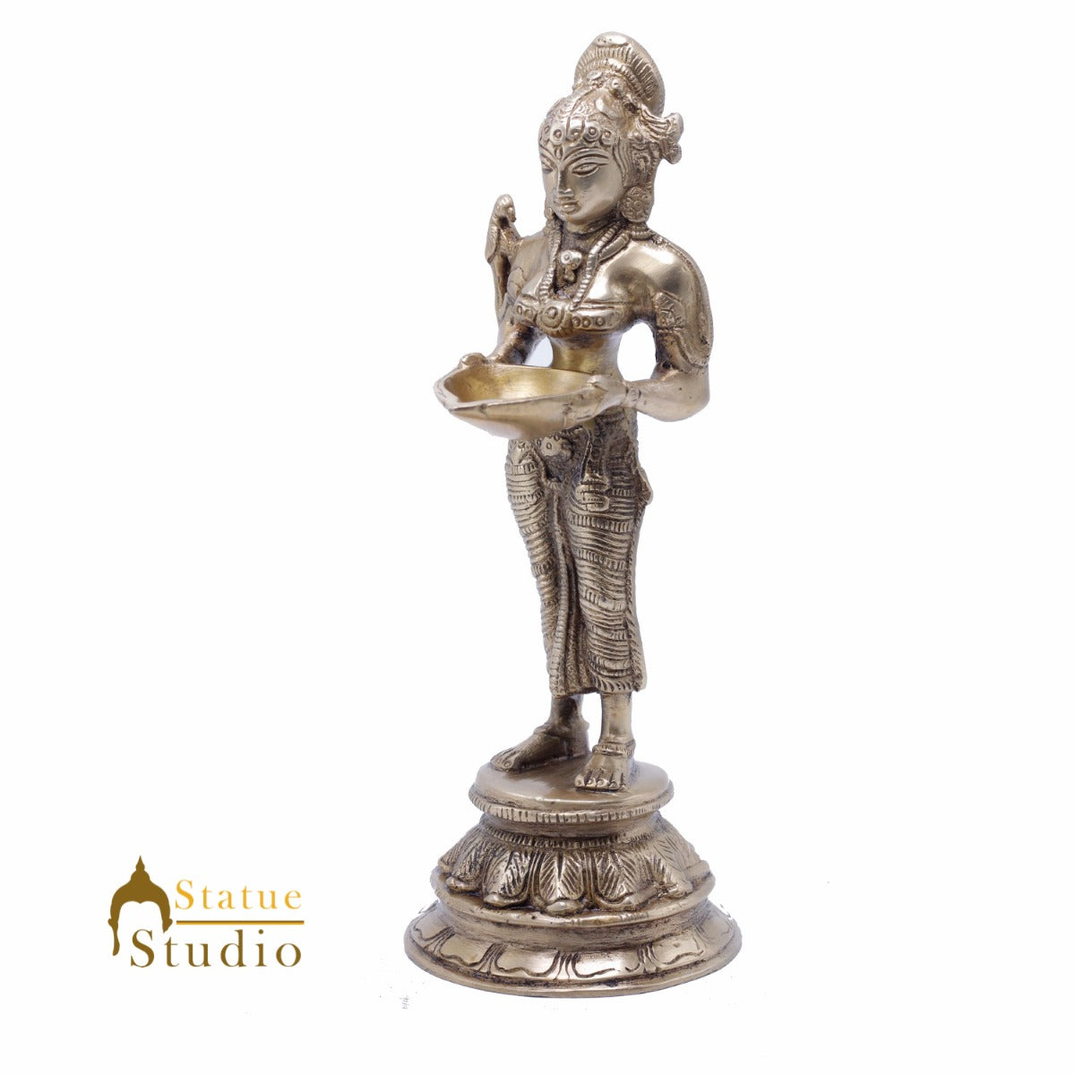 Brass Standing Deeplakshmi Idol 9" for Home Decor by StatueStudio
